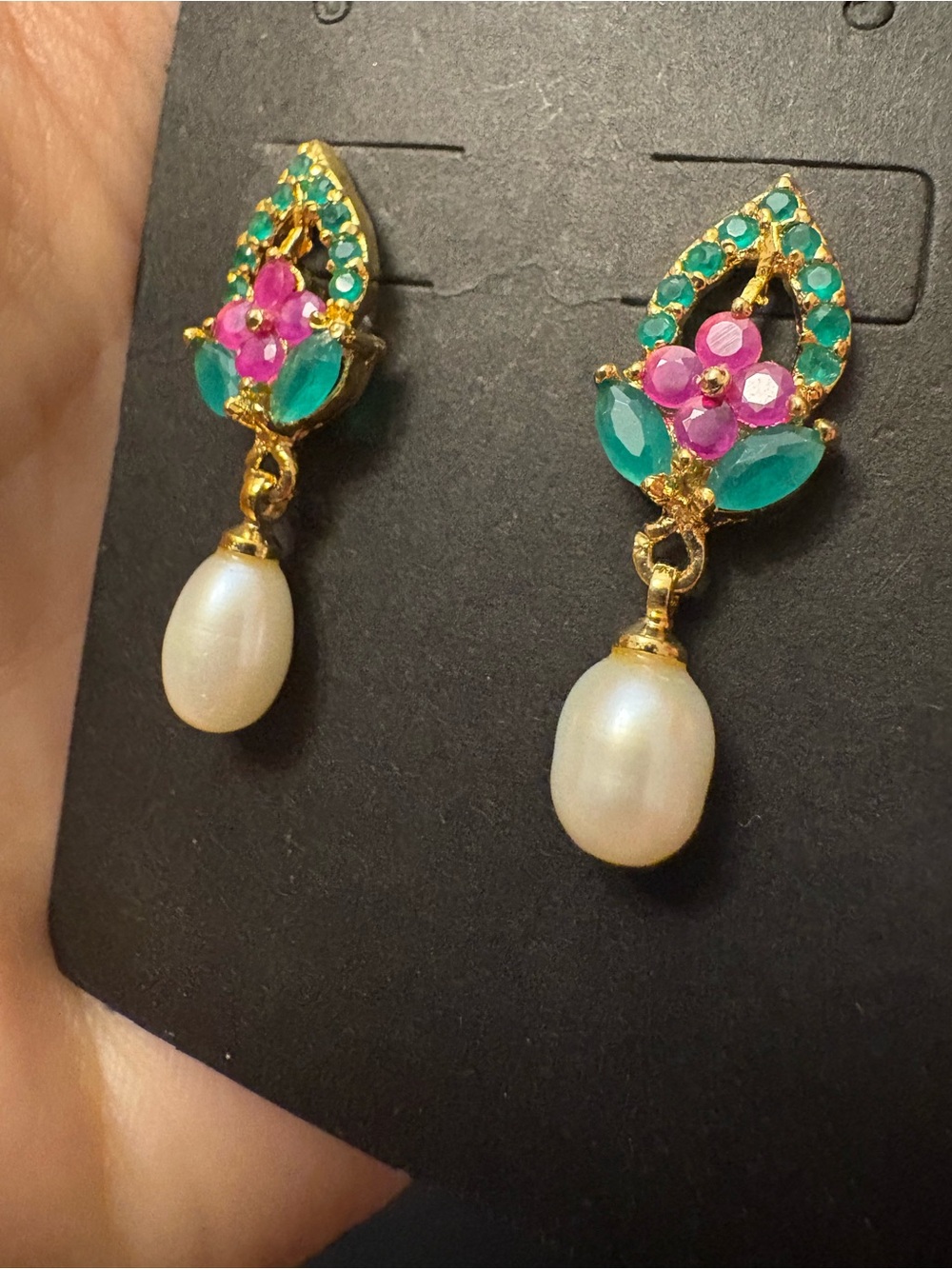 Gold plated  Ruby , Emerald and real pearl earring